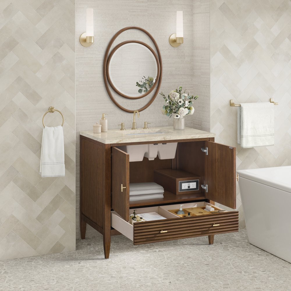 James Martin - Myrrin 36" Vanity, Mid Century Walnut, w/ 3 CM Tajnar Eclos Top - 485-V36-WLT-3TJR view 5