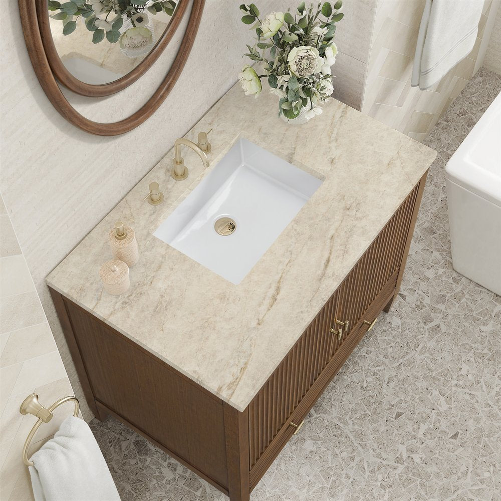 James Martin - Myrrin 36" Vanity, Mid Century Walnut, w/ 3 CM Tajnar Eclos Top - 485-V36-WLT-3TJR view 7