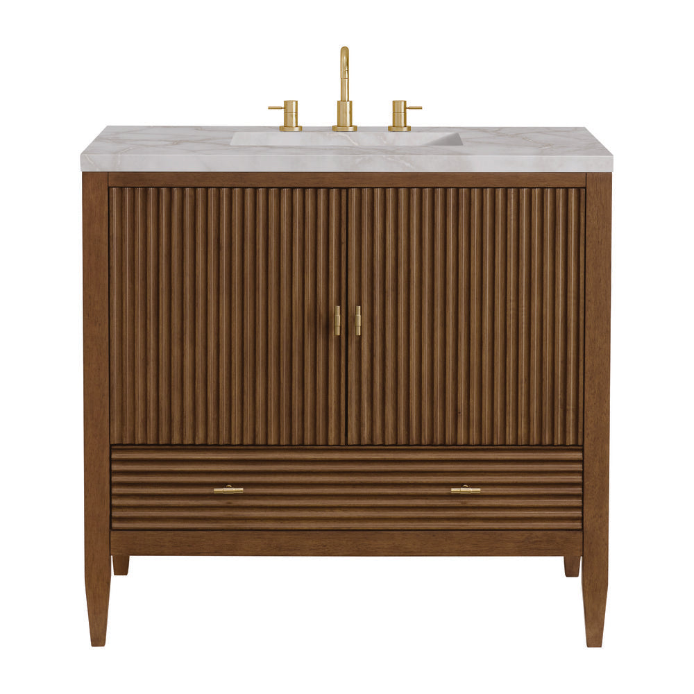 James Martin - Myrrin 36" Vanity, Mid Century Walnut w/ 3 CM Victorian Silver Silestone Top - 485-V36-WLT-3VSL view 1