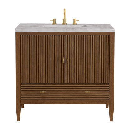 James Martin - Myrrin 36" Vanity, Mid Century Walnut w/ 3 CM Victorian Silver Silestone Top - 485-V36-WLT-3VSL view 1