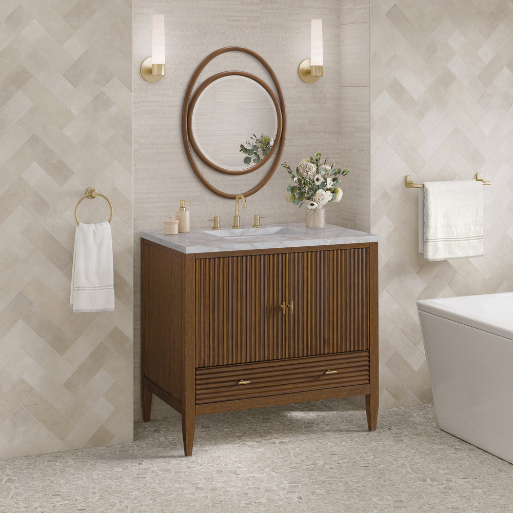 James Martin - Myrrin 36" Vanity, Mid Century Walnut w/ 3 CM Victorian Silver Silestone Top - 485-V36-WLT-3VSL view 4