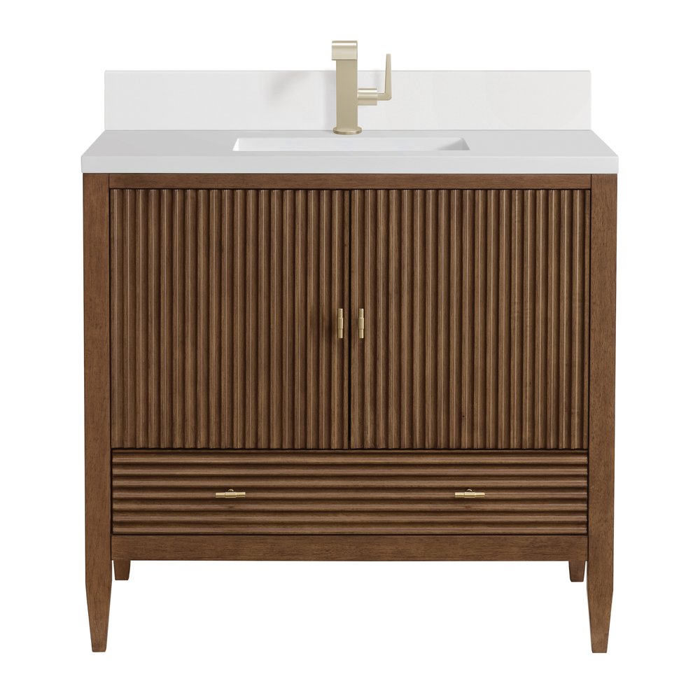 James Martin - Myrrin 36" Vanity, Mid Century Walnut w/ Single Hole 3 CM White Zeus Silestone Top & Backsplash - 485-V36-WLT-1WZ view 1