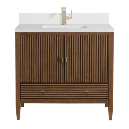 James Martin - Myrrin 36" Vanity, Mid Century Walnut w/ Single Hole 3 CM White Zeus Silestone Top & Backsplash - 485-V36-WLT-1WZ view 1