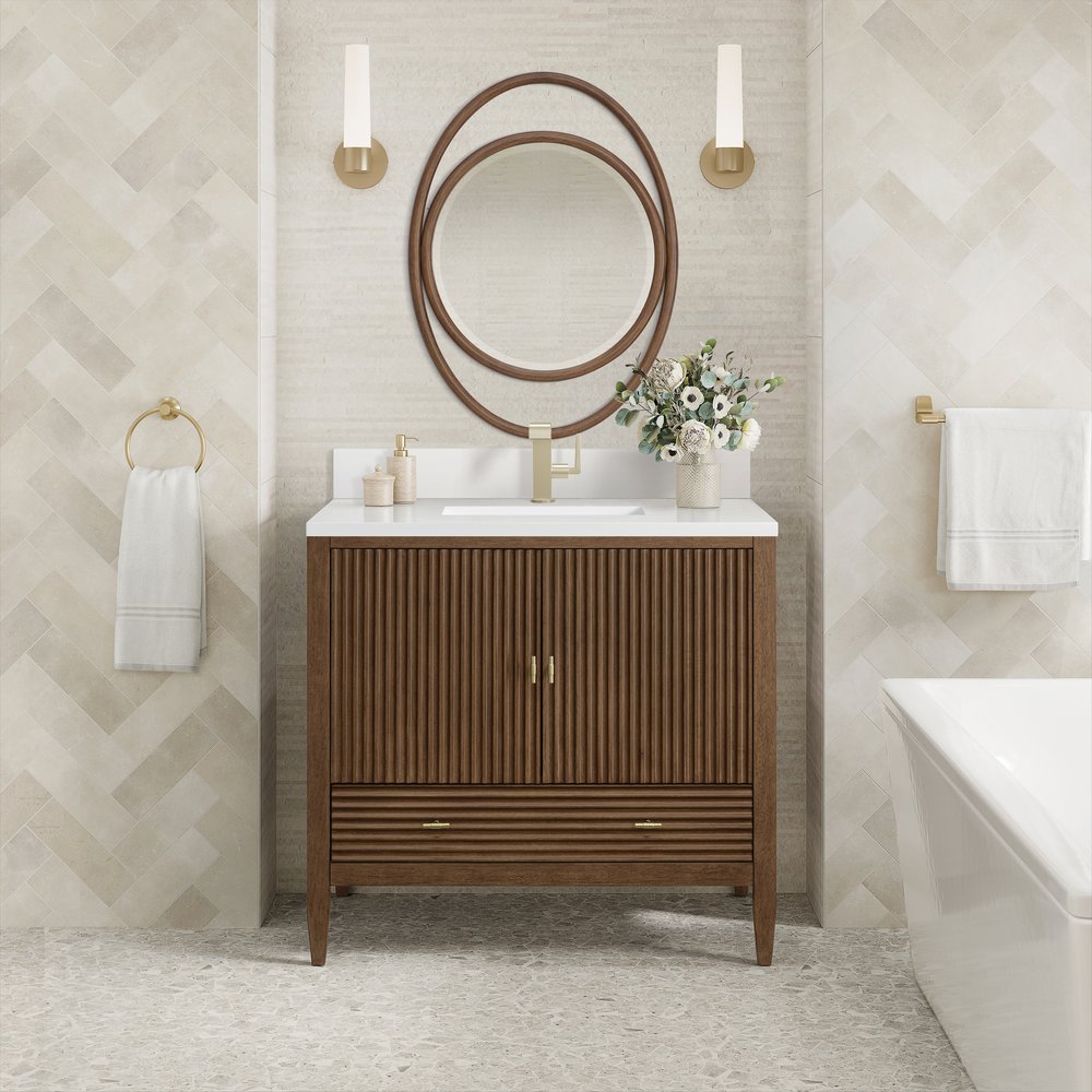 James Martin - Myrrin 36" Vanity, Mid Century Walnut w/ Single Hole 3 CM White Zeus Silestone Top & Backsplash - 485-V36-WLT-1WZ view 3