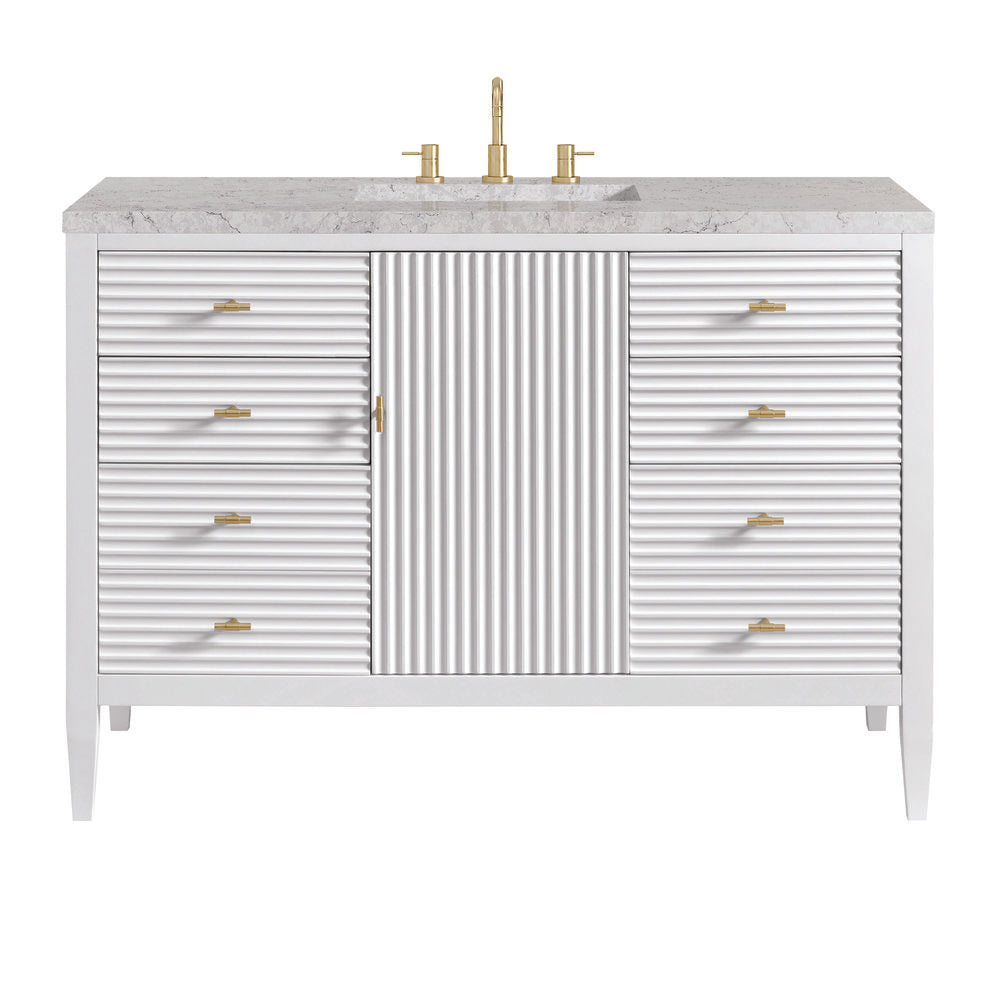 James Martin - Myrrin 48" Single Vanity, Bright White w/ 3 CM Eternal Jasmine Pearl Silestone Top w/FreePower Wireless Charger - 485-V48-BW-FEJP view 1