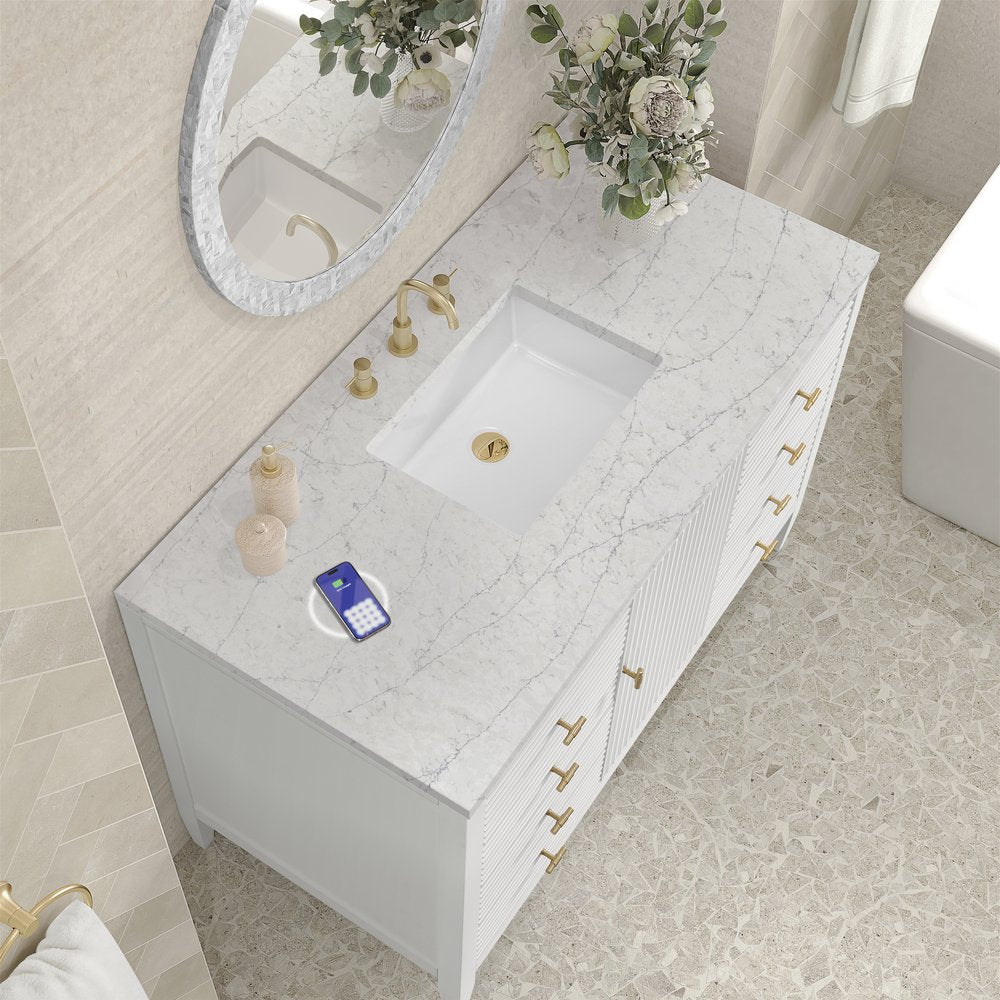 James Martin - Myrrin 48" Single Vanity, Bright White w/ 3 CM Eternal Jasmine Pearl Silestone Top w/FreePower Wireless Charger - 485-V48-BW-FEJP view 8
