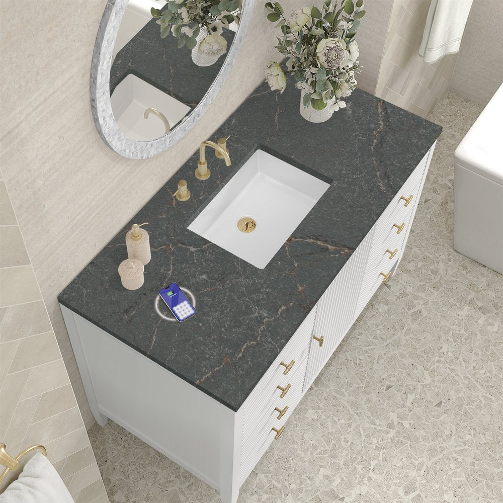 James Martin - Myrrin 48" Single Vanity, Bright White w/ 3 CM Parisien Bleu Silestone Top w/FreePower Wireless Charger - 485-V48-BW-FPBL view 8
