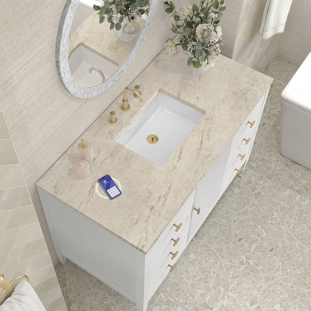 James Martin - Myrrin 48" Single Vanity, Bright White, w/ 3 CM Tajnar Eclos Top w/FreePower Wireless Charger - 485-V48-BW-FTJR view 6