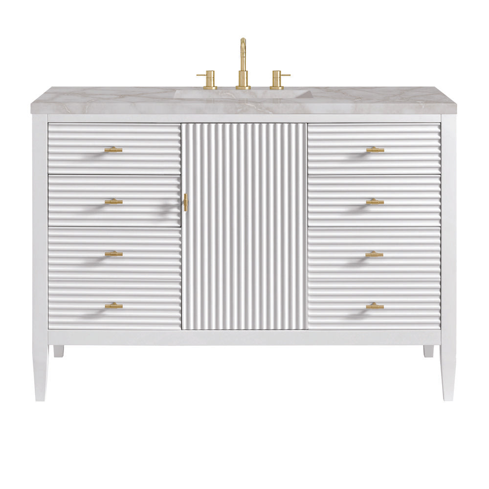 James Martin - Myrrin 48" Single Vanity, Bright White w/ 3 CM Victorian Silver Silestone Top - 485-V48-BW-3VSL view 1