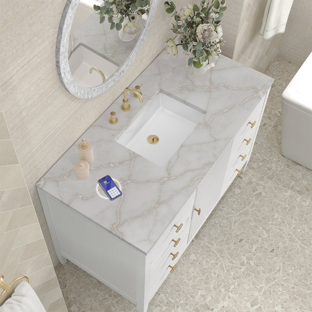 James Martin - Myrrin 48" Single Vanity, Bright White w/ 3 CM Victorian Silver Silestone Top w/FreePower Wireless Charger - 485-V48-BW-FVSL view 8