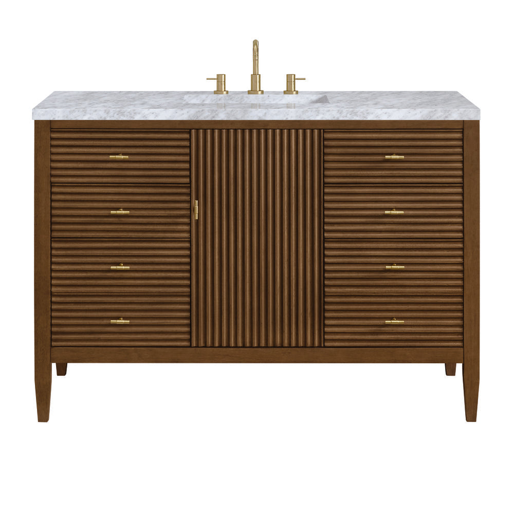 James Martin - Myrrin 48" Single Vanity, Mid Century Walnut w/ 3 CM Carrara White Marble Top - 485-V48-WLT-3CAR view 1