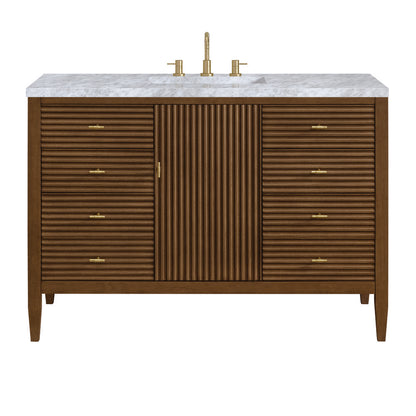 James Martin - Myrrin 48" Single Vanity, Mid Century Walnut w/ 3 CM Carrara White Marble Top - 485-V48-WLT-3CAR view 1