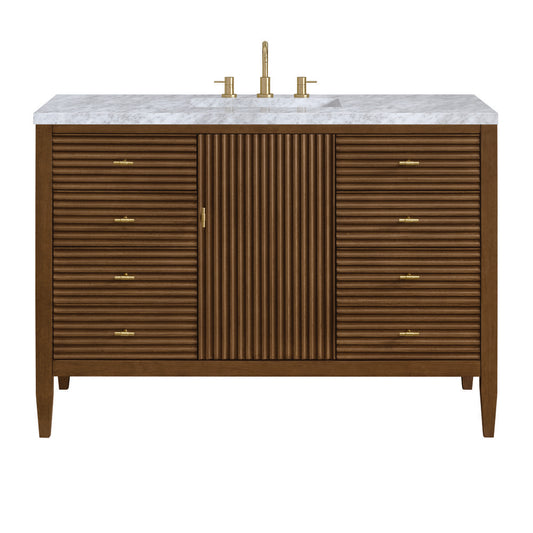 James Martin - Myrrin 48" Single Vanity, Mid Century Walnut w/ 3 CM Carrara White Marble Top - 485-V48-WLT-3CAR view 1