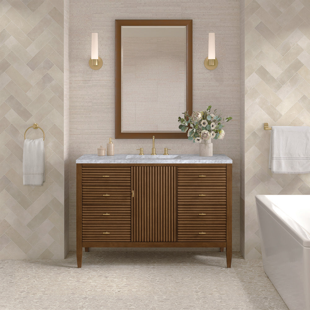 James Martin - Myrrin 48" Single Vanity, Mid Century Walnut w/ 3 CM Carrara White Marble Top - 485-V48-WLT-3CAR view 3