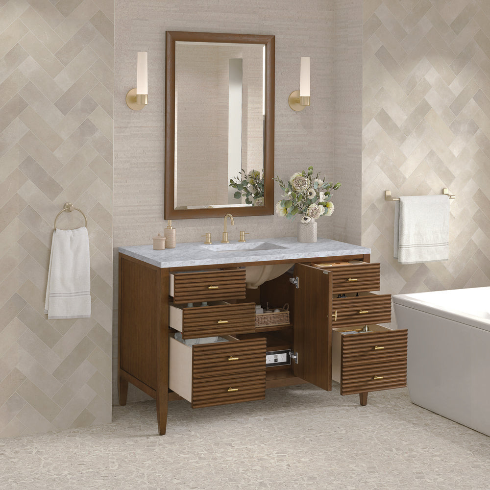 James Martin - Myrrin 48" Single Vanity, Mid Century Walnut w/ 3 CM Carrara White Marble Top - 485-V48-WLT-3CAR view 5