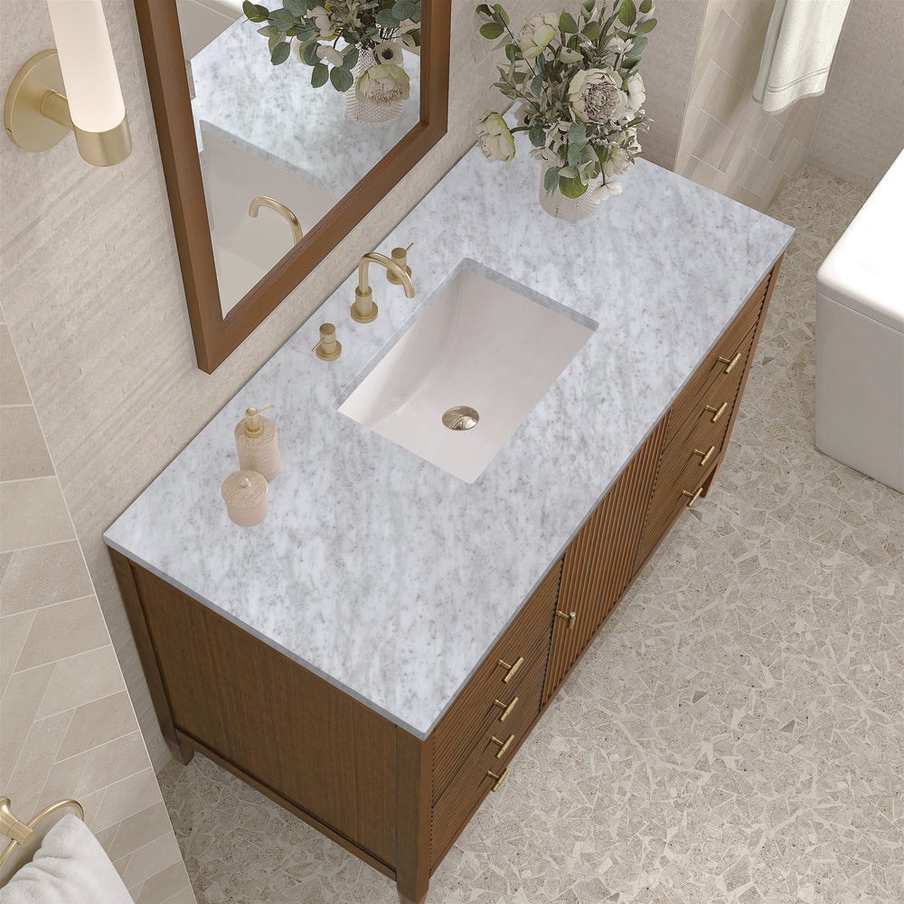 James Martin - Myrrin 48" Single Vanity, Mid Century Walnut w/ 3 CM Carrara White Marble Top - 485-V48-WLT-3CAR view 7