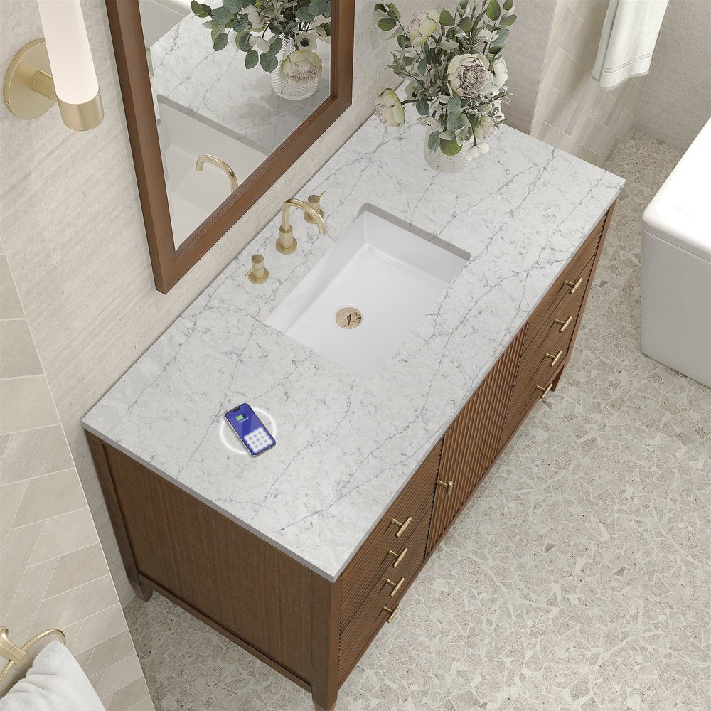 James Martin - Myrrin 48" Single Vanity, Mid Century Walnut w/ 3 CM Eternal Jasmine Pearl Silestone Top w/FreePower Wireless Charger - 485-V48-WLT-FEJP view 8