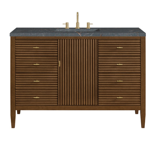 James Martin - Myrrin 48" Single Vanity, Mid Century Walnut w/ 3 CM Parisien Bleu Silestone Top - 485-V48-WLT-3PBL view 1
