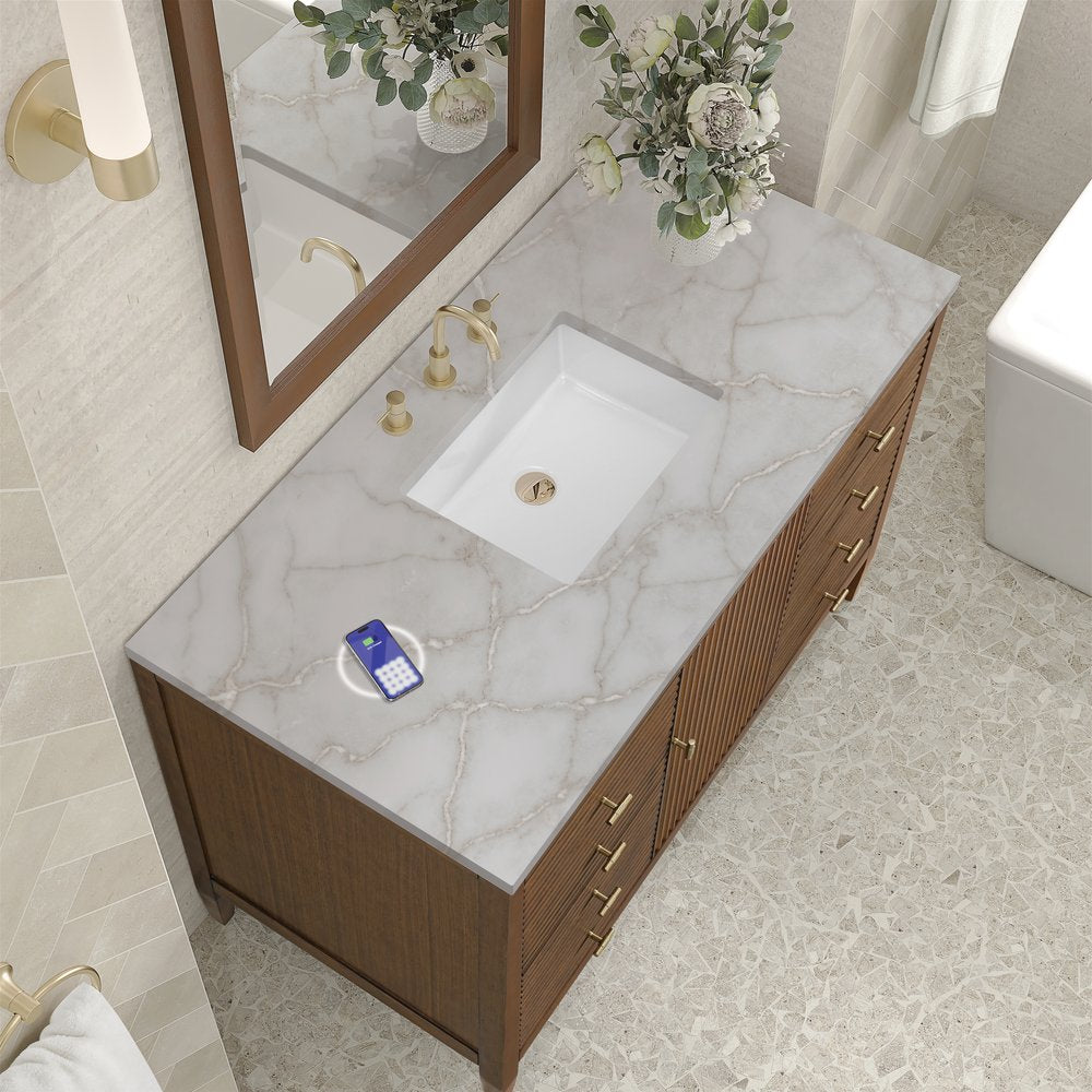 James Martin - Myrrin 48" Single Vanity, Mid Century Walnut w/ 3 CM Victorian Silver Silestone Top w/FreePower Wireless Charger - 485-V48-WLT-FVSL view 8