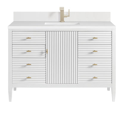 James Martin - Myrrin 48" Vanity, Bright White w/ Single Hole 3 CM White Zeus Silestone Top & Backsplash - 485-V48-BW-1WZ view 1