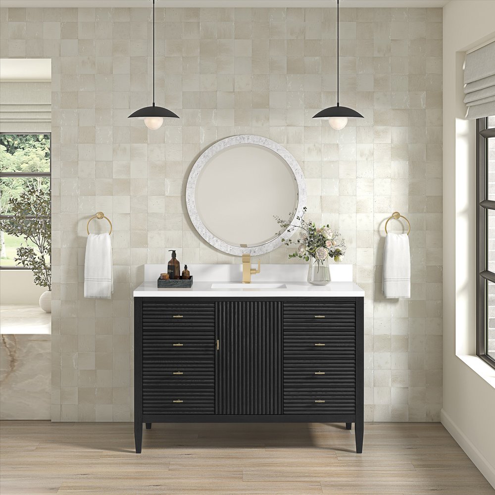 James Martin - Myrrin 48" Vanity, Carbon Oak w/ Single Hole 3 CM White Zeus Silestone Top & Backsplash - 485-V48-CBO-1WZ view 4