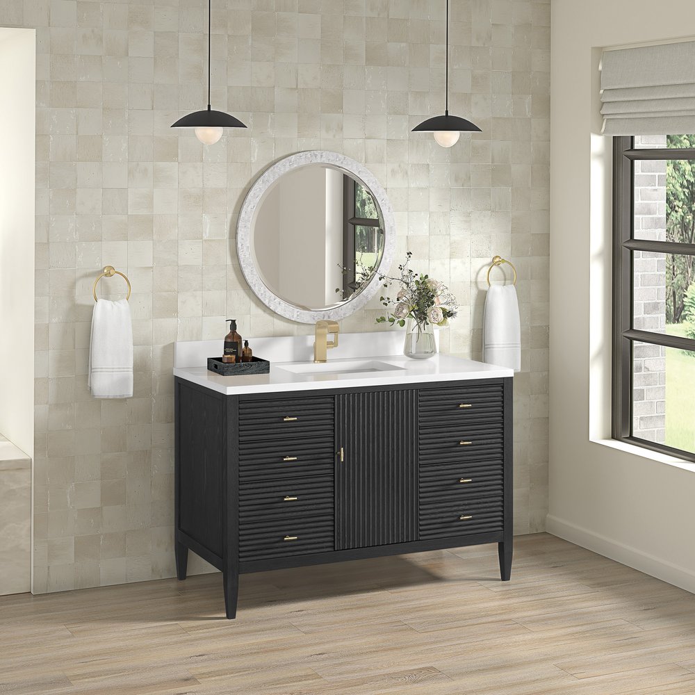 James Martin - Myrrin 48" Vanity, Carbon Oak w/ Single Hole 3 CM White Zeus Silestone Top & Backsplash - 485-V48-CBO-1WZ view 5