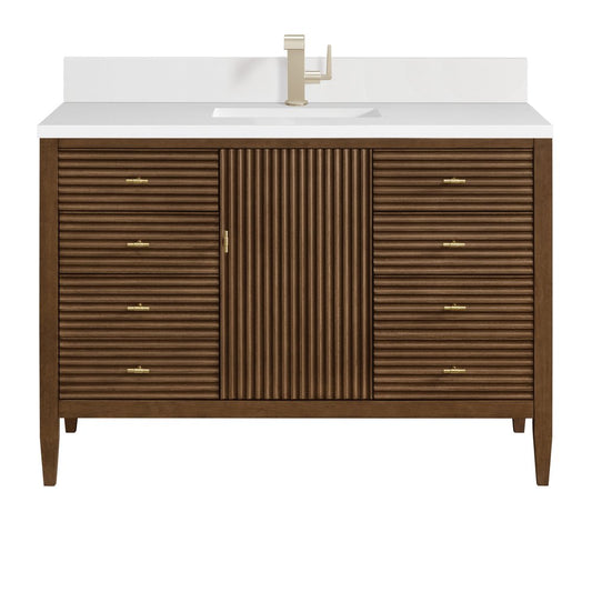 James Martin - Myrrin 48" Vanity, Mid Century Walnut w/ Single Hole 3 CM White Zeus Silestone Top & Backsplash - 485-V48-WLT-1WZ view 1