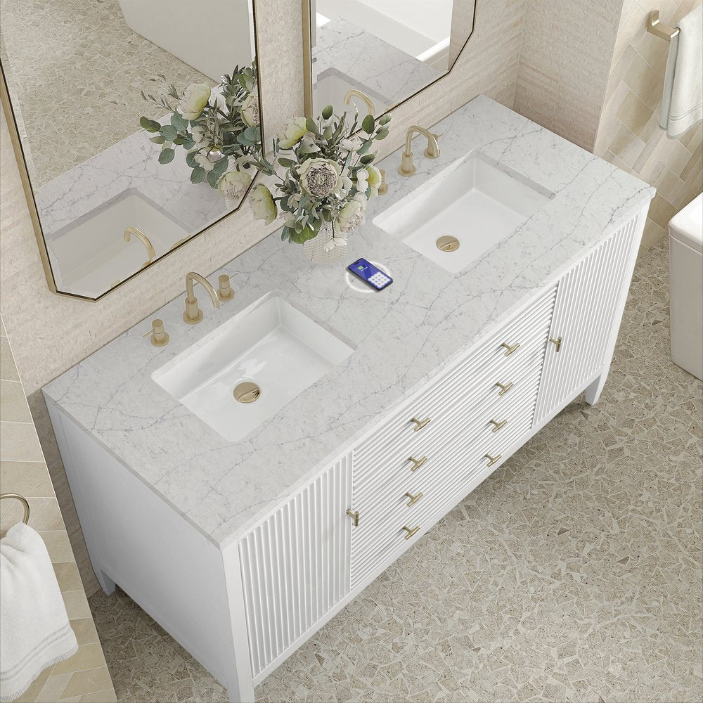 James Martin - Myrrin 60" Double Vanity, Bright White w/ 3 CM Eternal Jasmine Pearl Silestone Top w/FreePower Wireless Charger - 485-V60D-BW-FEJP view 7