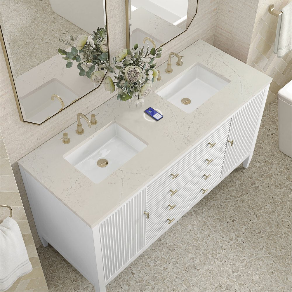 James Martin - Myrrin 60" Double Vanity, Bright White, w/ 3 CM Siberian Silestone Top w/FreePower Wireless Charger - 485-V60D-BW-FSFR view 7