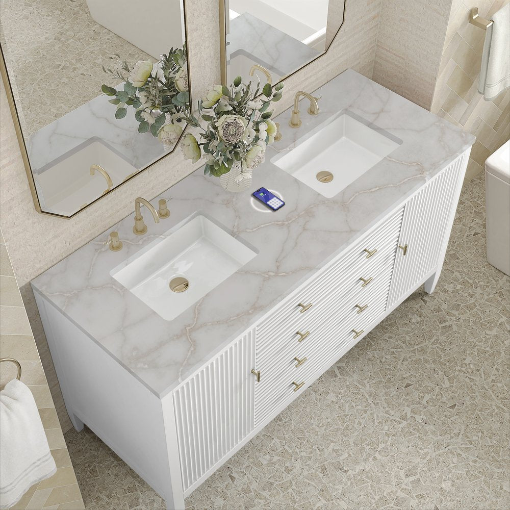James Martin - Myrrin 60" Double Vanity, Bright White w/ 3 CM Victorian Silver Silestone Top w/FreePower Wireless Charger - 485-V60D-BW-FVSL view 8