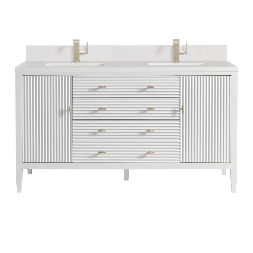 James Martin - Myrrin 60" Double Vanity, Bright White w/ Single Hole 3 CM White Zeus Silestone Top & Backsplash - 485-V60D-BW-1WZ view 1