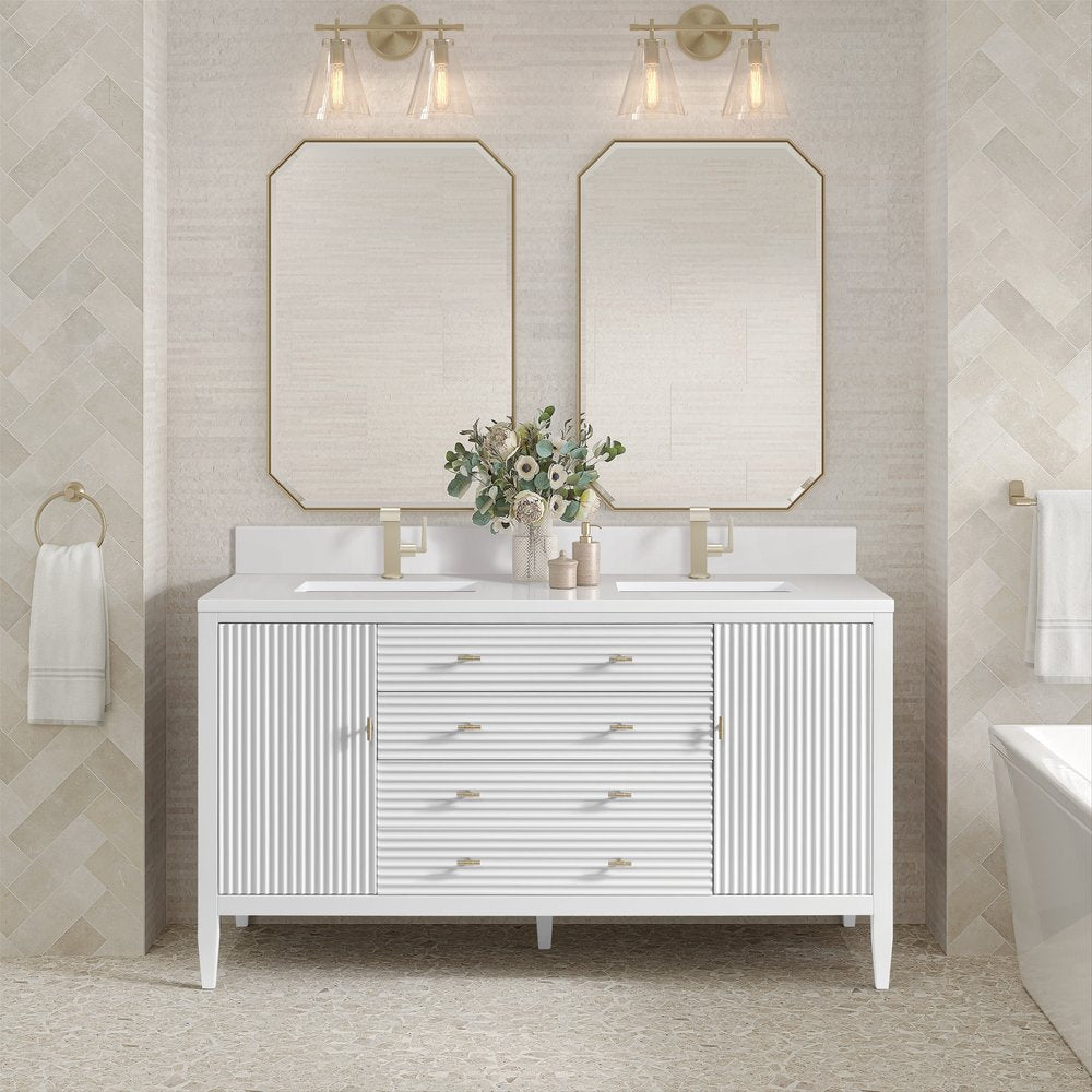 James Martin - Myrrin 60" Double Vanity, Bright White w/ Single Hole 3 CM White Zeus Silestone Top & Backsplash - 485-V60D-BW-1WZ view 3