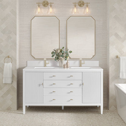 James Martin - Myrrin 60" Double Vanity, Bright White w/ Single Hole 3 CM White Zeus Silestone Top & Backsplash - 485-V60D-BW-1WZ view 3