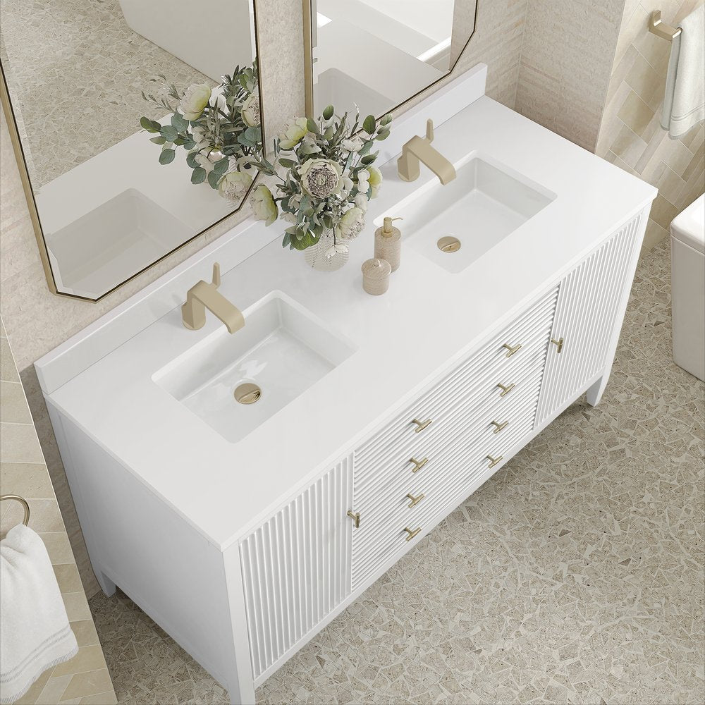 James Martin - Myrrin 60" Double Vanity, Bright White w/ Single Hole 3 CM White Zeus Silestone Top & Backsplash - 485-V60D-BW-1WZ view 5