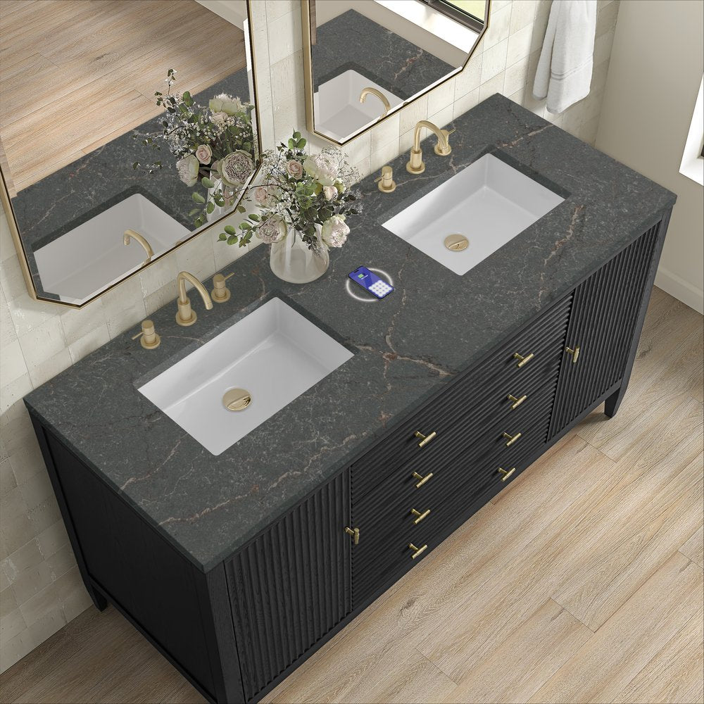 James Martin - Myrrin 60" Double Vanity, Carbon Oak w/ 3 CM Parisien Bleu Silestone Top w/FreePower Wireless Charger - 485-V60D-CBO-FPBL view 8