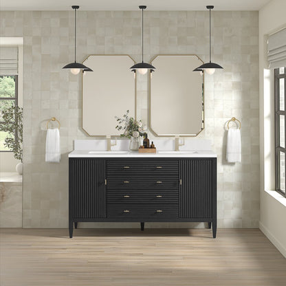 James Martin - Myrrin 60" Double Vanity, Carbon Oak w/ Single Hole 3 CM White Zeus Silestone Top & Backsplash - 485-V60D-CBO-1WZ view 3