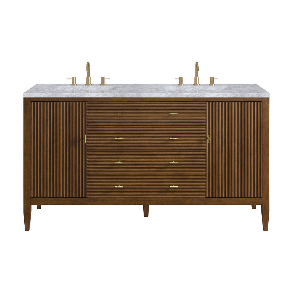 James Martin - Myrrin 60" Double Vanity, Mid Century Walnut w/ 3 CM Carrara White Marble Top - 485-V60D-WLT-3CAR view 1