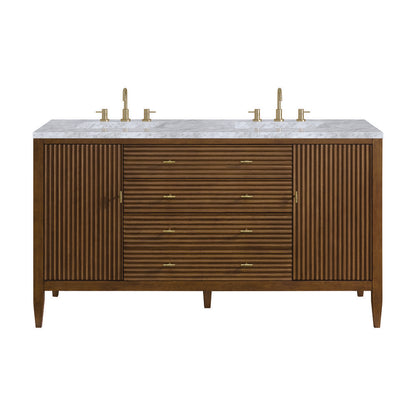 James Martin - Myrrin 60" Double Vanity, Mid Century Walnut w/ 3 CM Carrara White Marble Top - 485-V60D-WLT-3CAR view 1