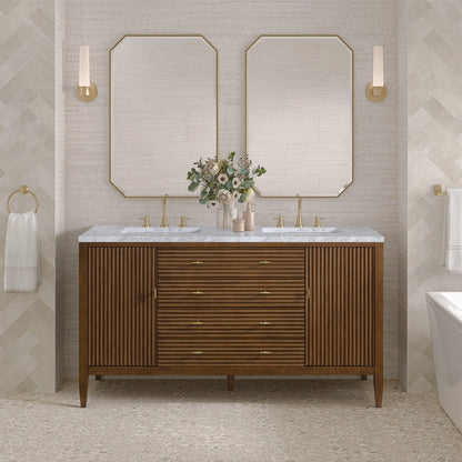 James Martin - Myrrin 60" Double Vanity, Mid Century Walnut w/ 3 CM Carrara White Marble Top - 485-V60D-WLT-3CAR view 3