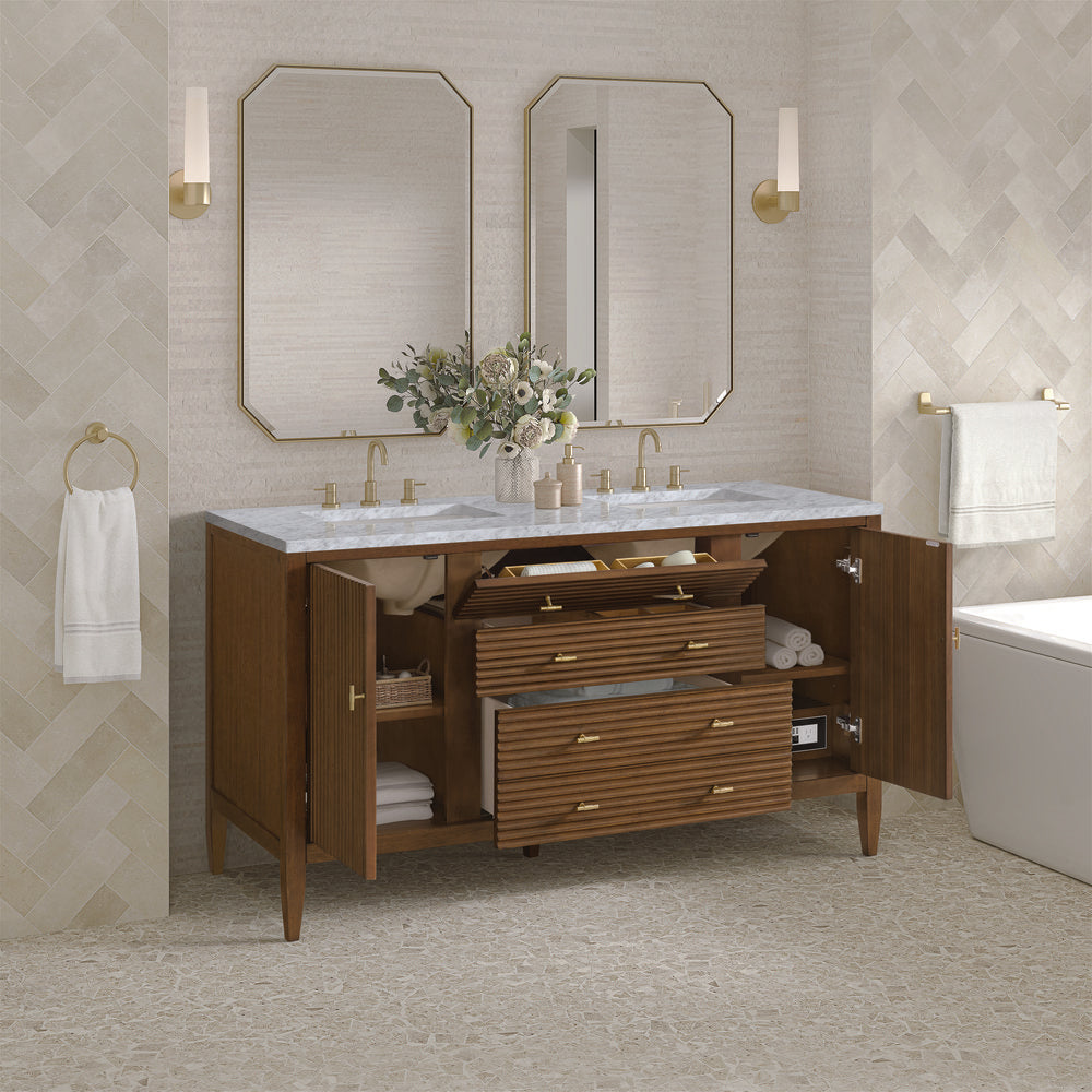 James Martin - Myrrin 60" Double Vanity, Mid Century Walnut w/ 3 CM Carrara White Marble Top - 485-V60D-WLT-3CAR view 5