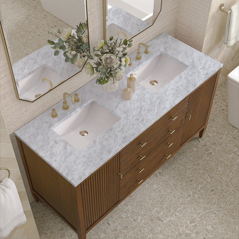 James Martin - Myrrin 60" Double Vanity, Mid Century Walnut w/ 3 CM Carrara White Marble Top - 485-V60D-WLT-3CAR view 7