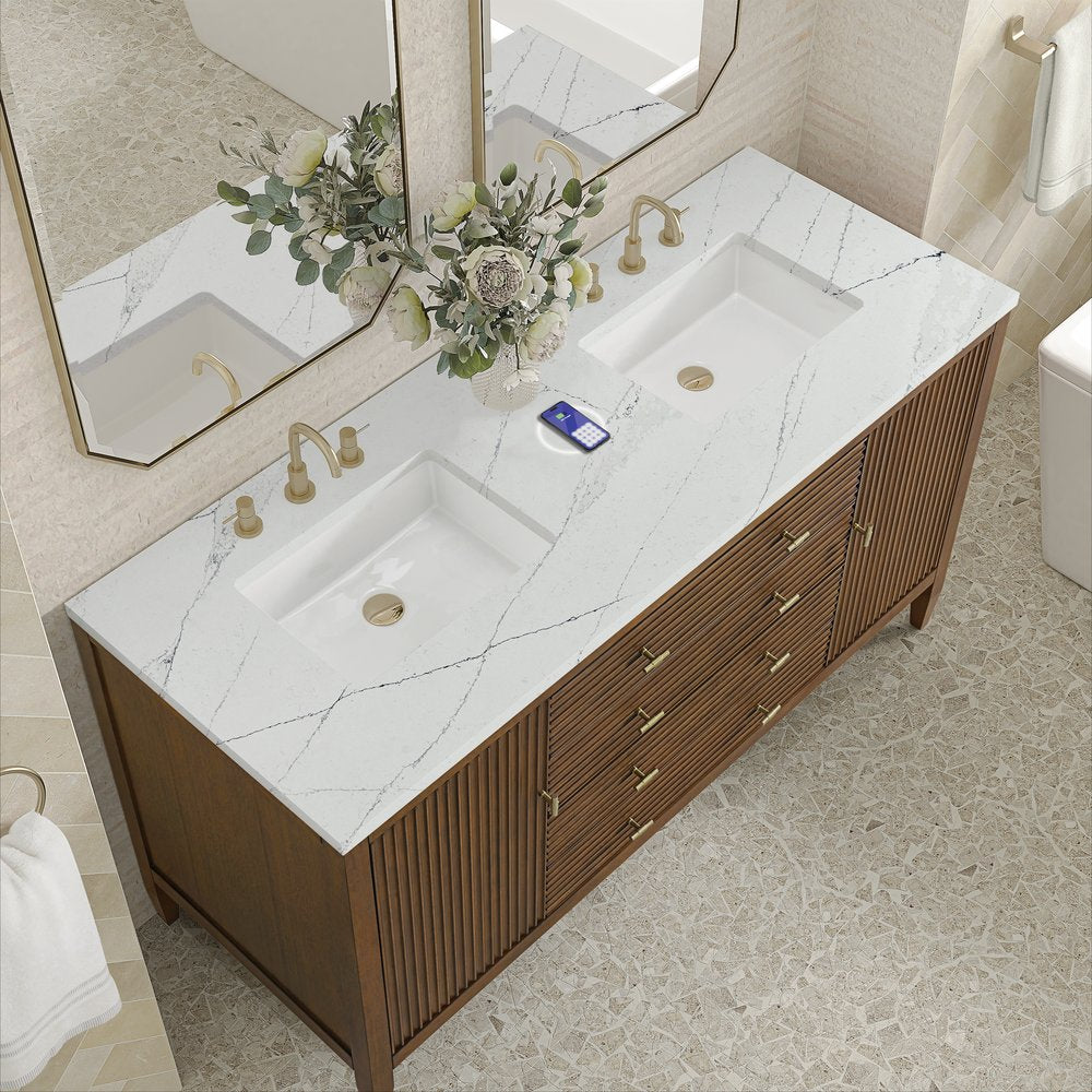 James Martin - Myrrin 60" Double Vanity, Mid Century Walnut w/ 3 CM Ethereal Noctis Silestone Top w/FreePower Wireless Charger - 485-V60D-WLT-FENC view 8
