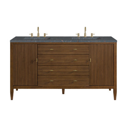 James Martin - Myrrin 60" Double Vanity, Mid Century Walnut w/ 3 CM Parisien Bleu Silestone Top - 485-V60D-WLT-3PBL view 1