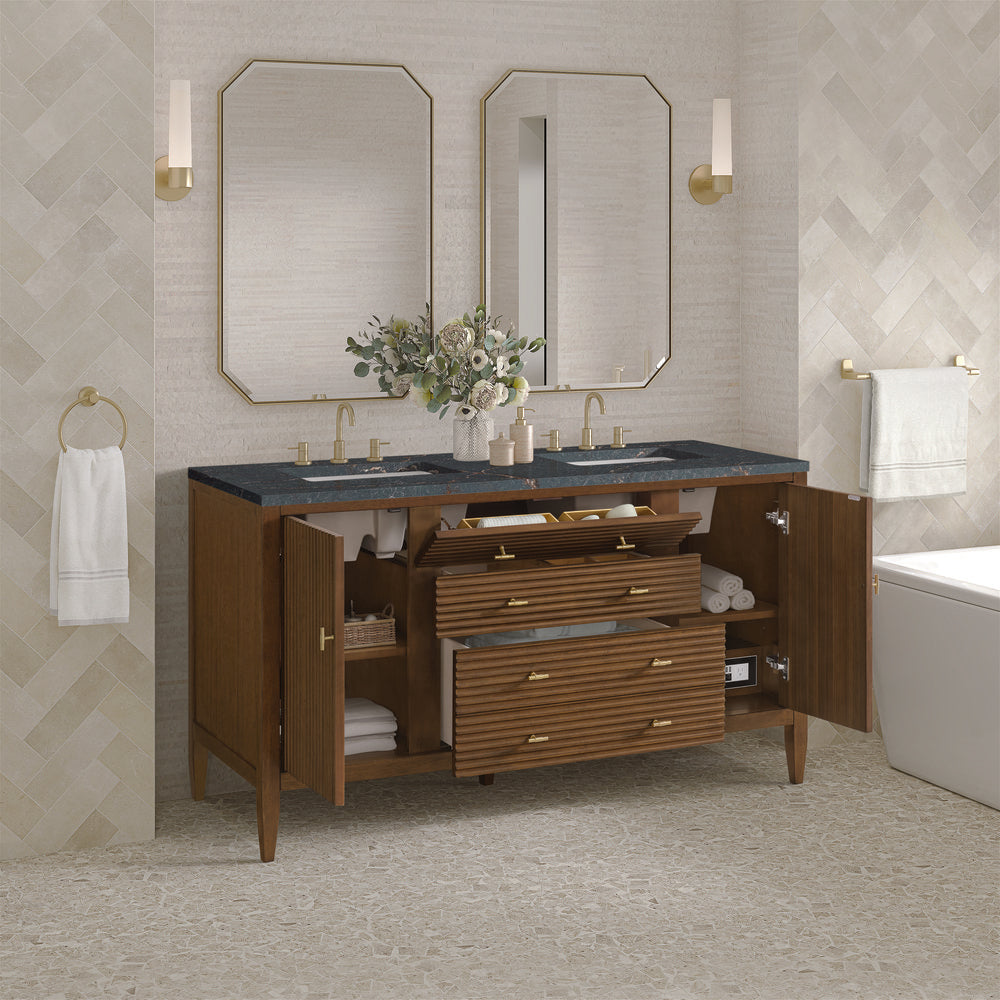 James Martin - Myrrin 60" Double Vanity, Mid Century Walnut w/ 3 CM Parisien Bleu Silestone Top - 485-V60D-WLT-3PBL view 5