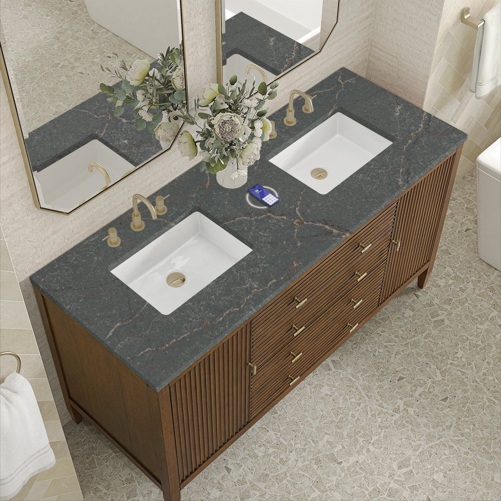 James Martin - Myrrin 60" Double Vanity, Mid Century Walnut w/ 3 CM Parisien Bleu Silestone Top w/FreePower Wireless Charger - 485-V60D-WLT-FPBL view 8