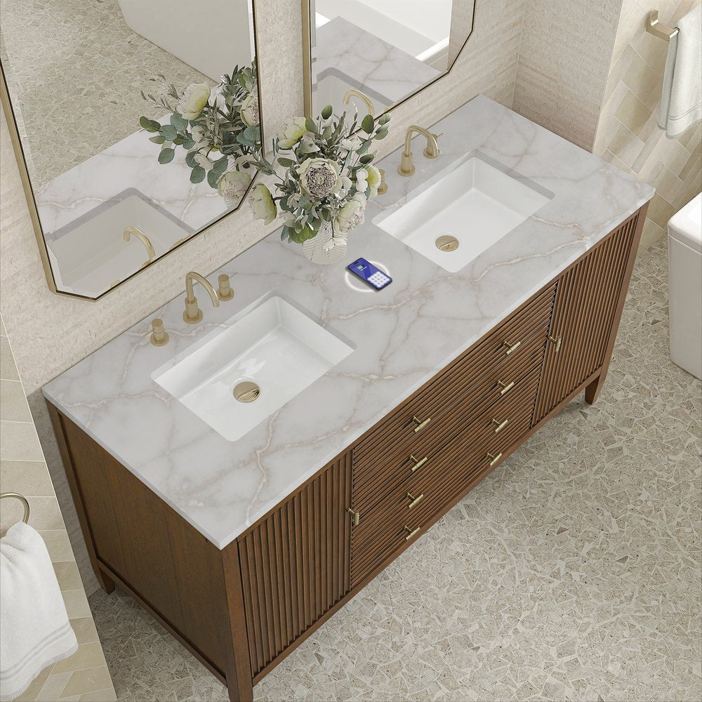 James Martin - Myrrin 60" Double Vanity, Mid Century Walnut w/ 3 CM Victorian Silver Silestone Top w/FreePower Wireless Charger - 485-V60D-WLT-FVSL view 8