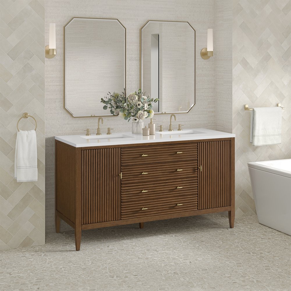 James Martin - Myrrin 60" Double Vanity, Mid Century Walnut w/ 3 CM White Zeus Silestone Top - 485-V60D-WLT-3WZ view 4