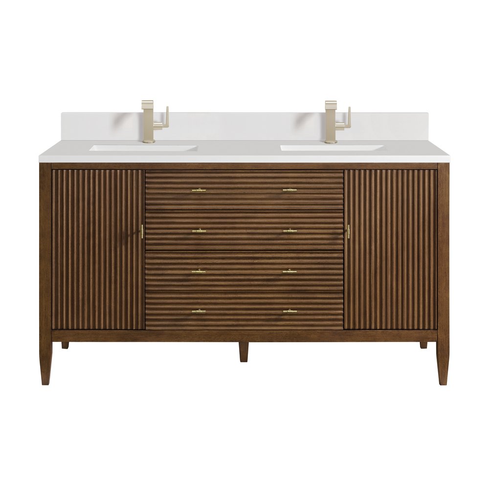 James Martin - Myrrin 60" Double Vanity, Mid Century Walnut w/ Single Hole 3 CM White Zeus Silestone Top & Backsplash - 485-V60D-WLT-1WZ view 1