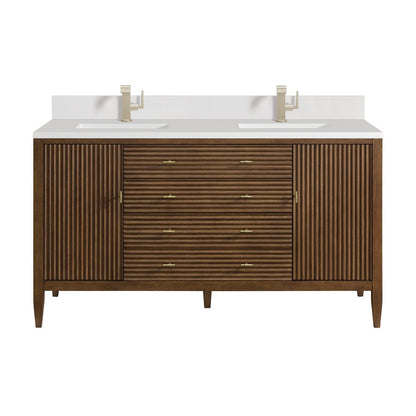James Martin - Myrrin 60" Double Vanity, Mid Century Walnut w/ Single Hole 3 CM White Zeus Silestone Top & Backsplash - 485-V60D-WLT-1WZ view 1