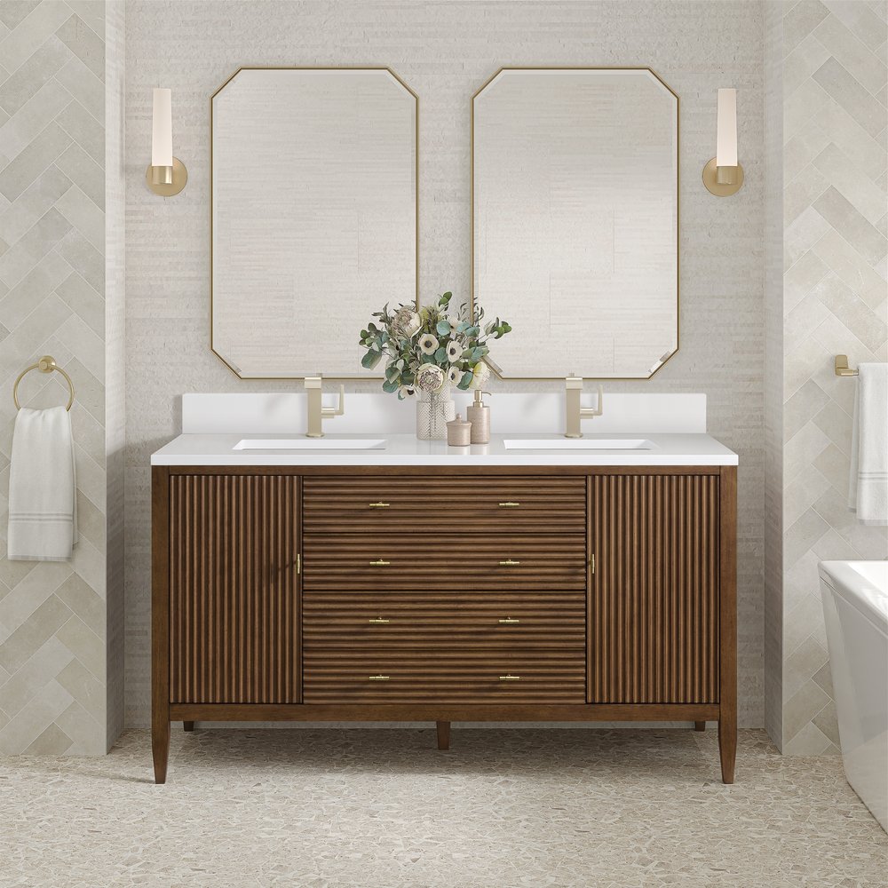 James Martin - Myrrin 60" Double Vanity, Mid Century Walnut w/ Single Hole 3 CM White Zeus Silestone Top & Backsplash - 485-V60D-WLT-1WZ view 3